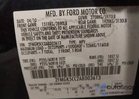 2010 Ford Flex Sel from USA, damaged, VIN 2FMGK5CC2ABD03613